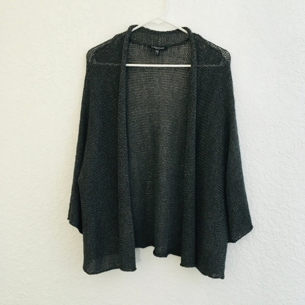 Eileen Fischer Open Front Cardigan 3/4 Sleeve Grey Silver Thread Size Petite L